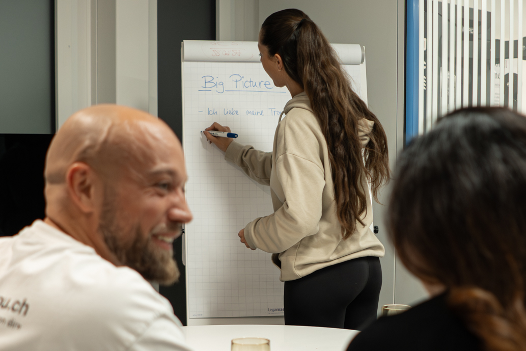 Carina, Iréne und Florian im Personal Mindpower Coaching – Carina erstellt das persönliche Big Picture am Whiteboard bei Absolut You.